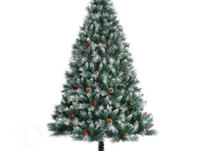 Hinged Snowy Christmas Tree 180cm 644 Red Berry Pine Cone Branches