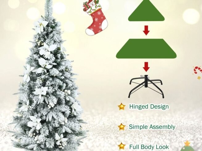 Artificial Snow Flocked Hinged Christmas Tree with Berries Flowers 180cm