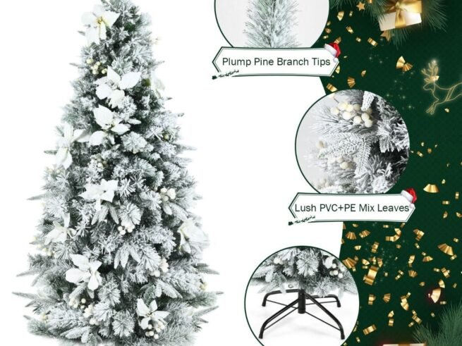 Artificial Snow Flocked Hinged Christmas Tree with Berries Flowers 180cm