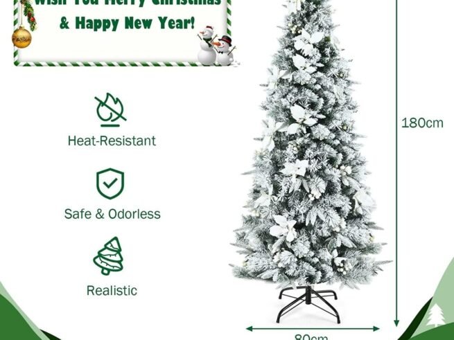 Artificial Snow Flocked Hinged Christmas Tree with Berries Flowers 180cm