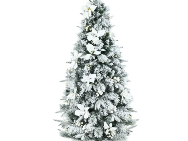 Artificial Snow Flocked Hinged Christmas Tree with Berries Flowers 180cm