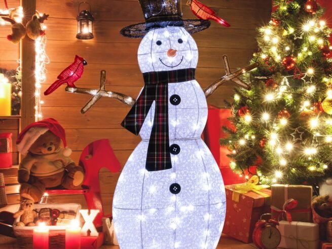 Christmas Ornament Snowman with Red Birds Pre-Lit LED Lights 127cm