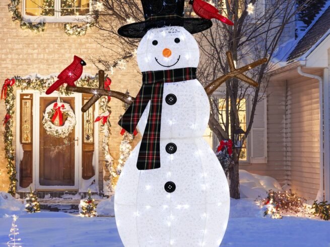 Christmas Ornament Snowman with Red Birds Pre-Lit LED Lights 127cm