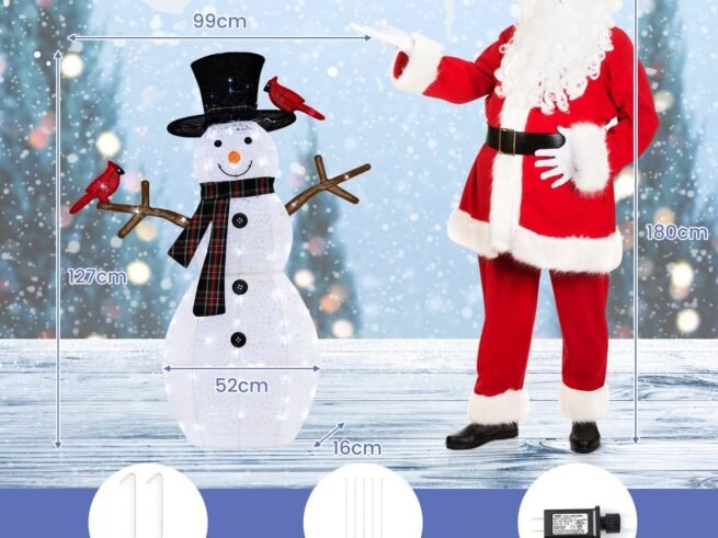 Christmas Ornament Snowman with Red Birds Pre-Lit LED Lights 127cm