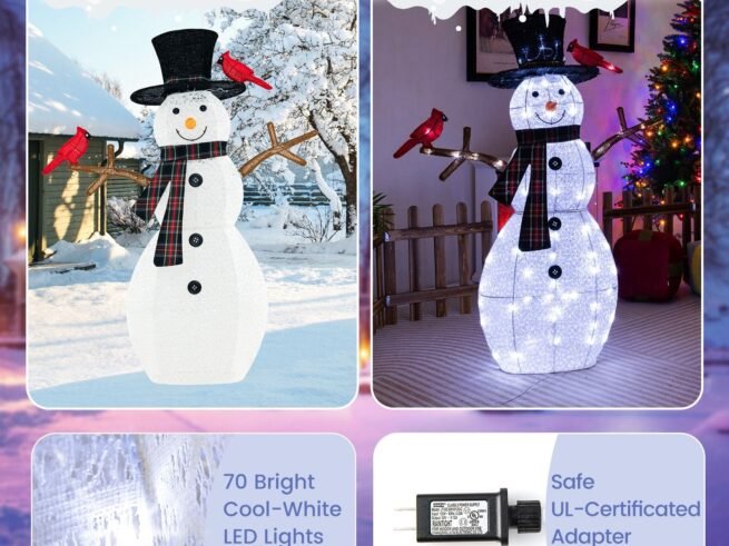 Christmas Ornament Snowman with Red Birds Pre-Lit LED Lights 127cm