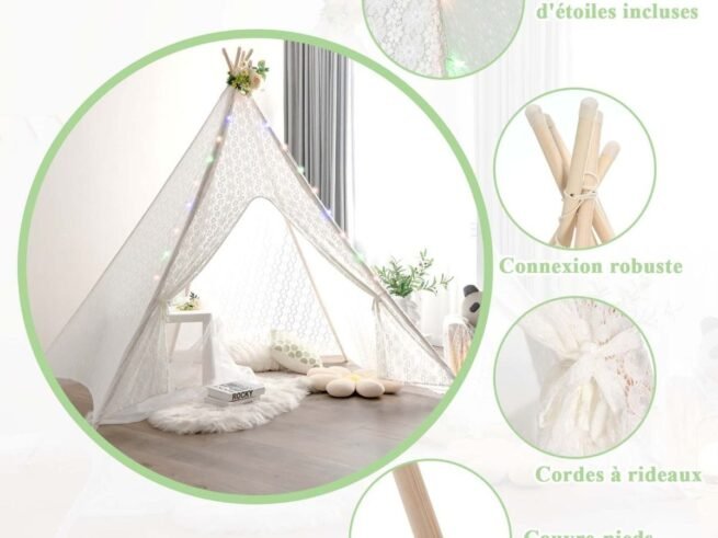Large Teepee Playhouse Children's Play Tent Princess Style Lace String Lights