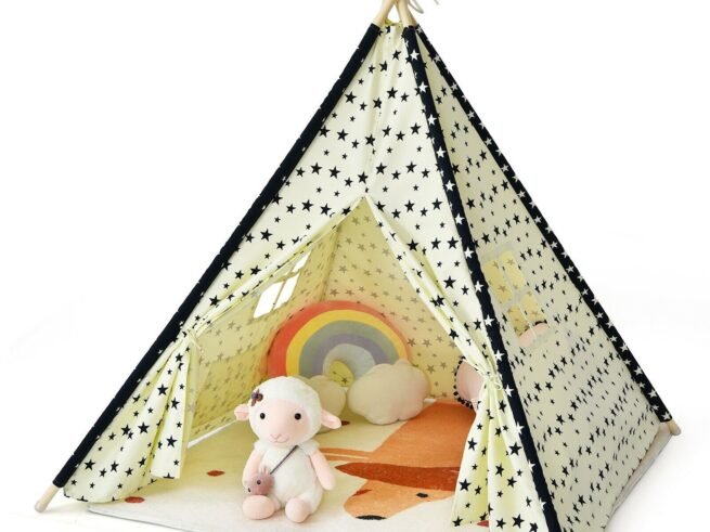 Children's Tepee Playhouse Play Tent Folding Wigwam Canvas Floor Mat