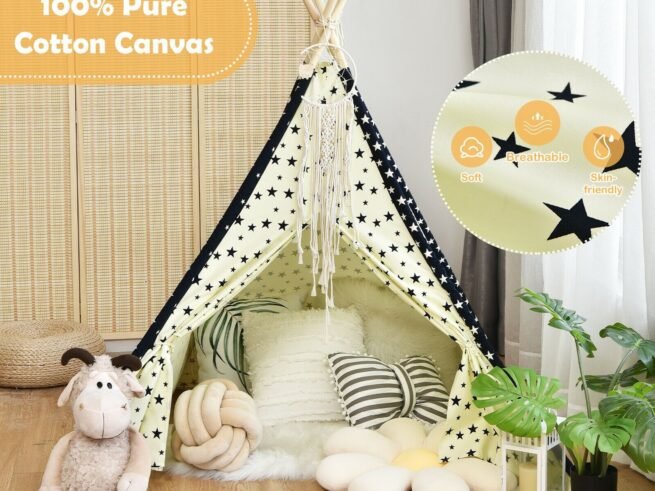 Children's Tepee Playhouse Play Tent Folding Wigwam Canvas Floor Mat