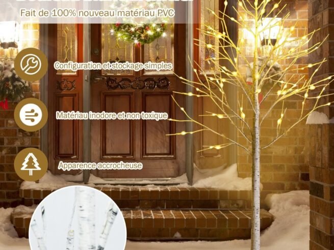 Artificial Warm White Birch Christmas Tree 180cm with 96 LED Lights