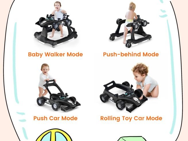 Foldable Baby Walker 4 in 1 Pusher Adjustable Height and Speed Music Box with Light