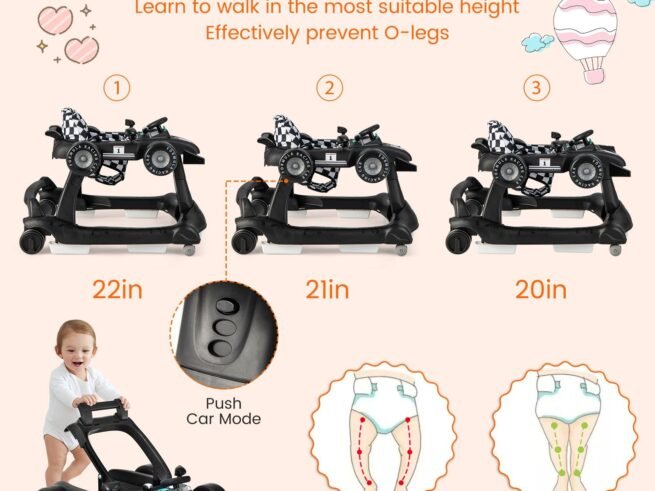 Foldable Baby Walker 4 in 1 Pusher Adjustable Height and Speed Music Box with Light