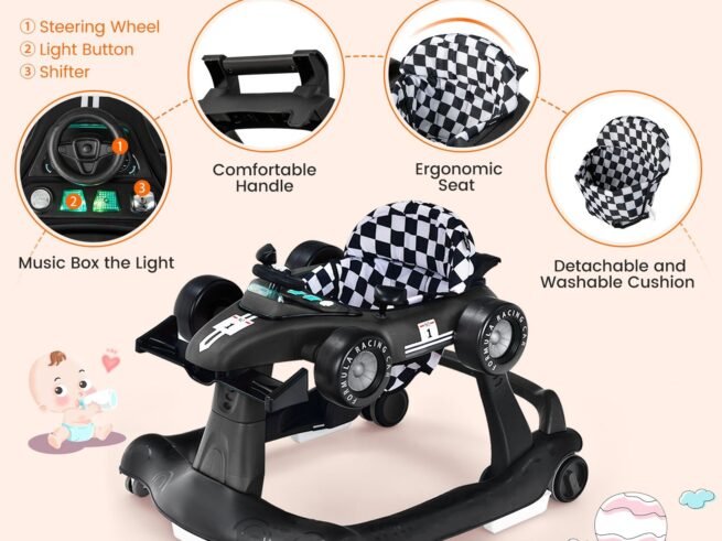 Foldable Baby Walker 4 in 1 Pusher Adjustable Height and Speed Music Box with Light