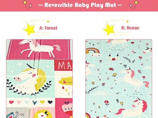 Foldable Baby Play Mat with Unicorn and Pony Image in Non-Toxic XPE Foam
