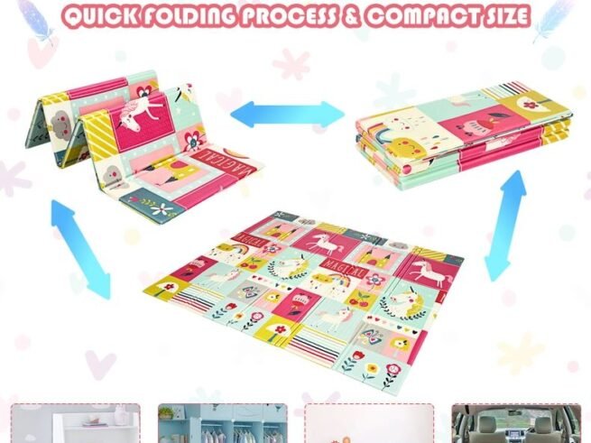 Foldable Baby Play Mat with Unicorn and Pony Image in Non-Toxic XPE Foam