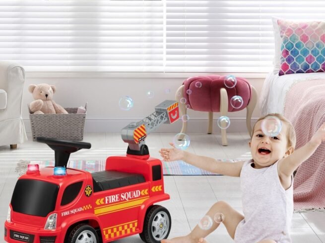Ride On Fire Truck for Children 18-36 Months Luminous Bubble Machine Sound Siren Music