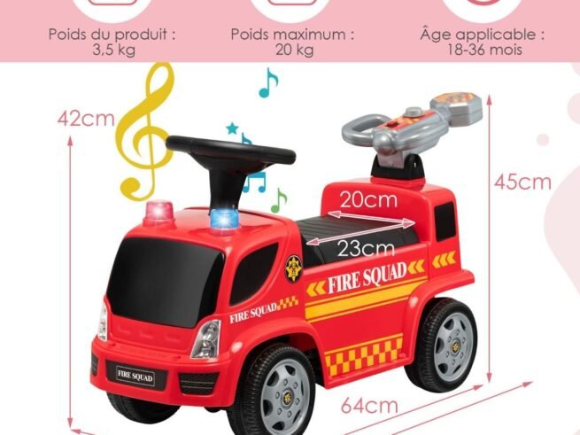 Ride On Fire Truck Car for Children 18-36 Months Music Headlights Siren Horn