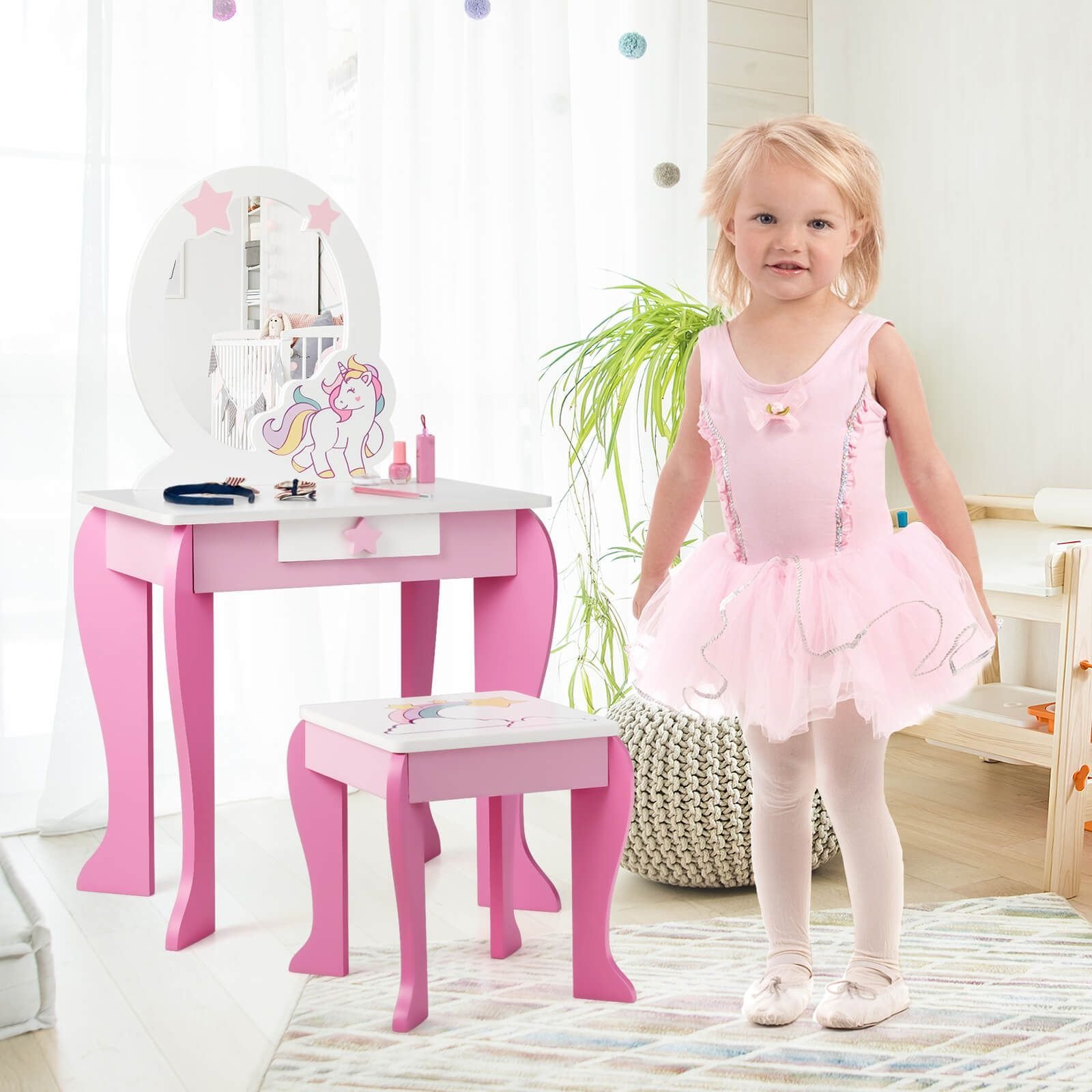 Children s Dressing Table and Chair Set with Mirror and Detachable Top Homeware Bargains Children s Dressing Table and Chair Set with Mirror and Detachable Top Colors white and pink Materials MDF Tabl...